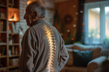 Wall Mural - Digital composite of highlighted spine of senior man with back pain at home