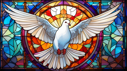 A white dove, symbolizing peace, hope and the Holy Spirit, against the background of a beautiful, colorful church stained glass window. 4K wallpaper