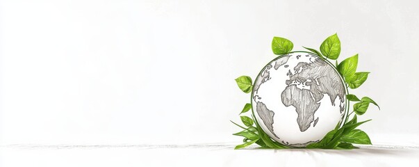 Line art of a globe with leaves growing around it, emphasizing global environmental awareness, drawn in a minimalist style, on a white background with ample space for copy