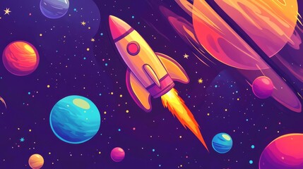 Wall Mural - illustration of cartoon rocket flying among colorful planets and stars in space