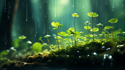 Wall Mural - green forest, dew drops and wet rain on young leaves and shoots in the depths of the green forest of