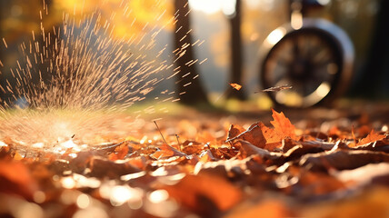 Wall Mural - leaf fall in the autumn park in the sunlight, dry yellow leaves fly in the landscape of warm october