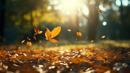 Wall Mural - leaf fall in the autumn park in the sunlight, dry yellow leaves fly in the landscape of warm october