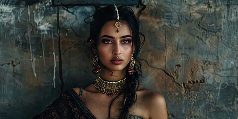 Wall Mural - Woman with dark hair and Indian jewelry.