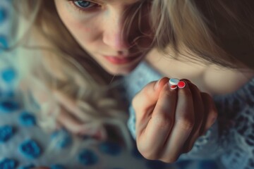 Sick woman taking medicine One woman, sick girl holding pills