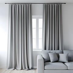 Wall Mural - 3D rendering of a grey sofa with pillows against a window with curtains in a modern living room interior design