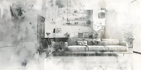 Wall Mural - Living Room Sketch with Grunge Texture and Couch