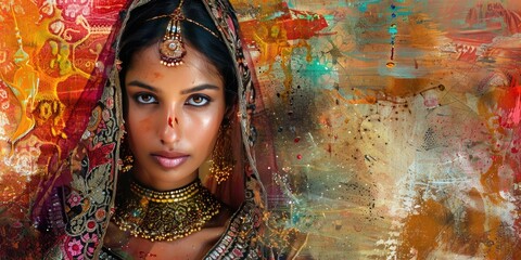 Wall Mural - Woman in elaborate Indian attire against abstract background.