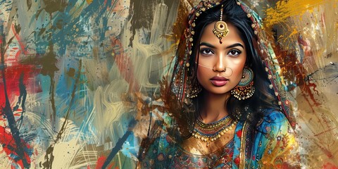 Wall Mural - Portrait of woman in colorful Indian attire.