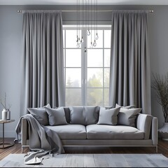 Wall Mural - 3D rendering of a grey sofa with pillows against a window with curtains in a modern living room interior design