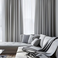 Wall Mural - 3D rendering of a grey sofa with pillows against a window with curtains in a modern living room interior design