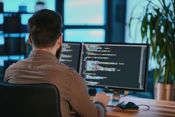 Computer coding, software development and programmer man writing code for cybersecurity analytics, seo data and digital cloud computing. Back of programmer, IT technician and web programming desktop C