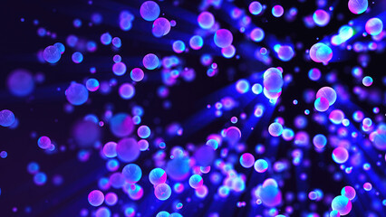 Wall Mural - abstract purple glowing background with flying balls circles atoms molecules particles energy bubble
