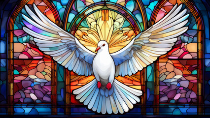 A white dove, symbolizing peace, hope and the Holy Spirit, against the background of a beautiful, colorful church stained glass window. 4K wallpaper