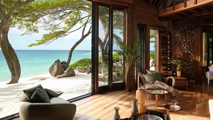 Wall Mural - A large living room with a view of the ocean. The room is furnished with a couch, chairs, and a coffee table