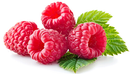 Poster - Ripe raspberries with leaf isolated on a white background