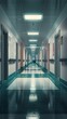 © COK House - A well-lit hospital hallway with colorful doors, handrails, and a shiny floor creates an eerie, quiet atmosphere.