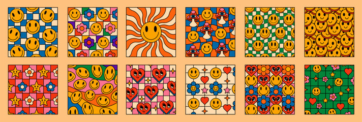 set of groovy patterns. collection of comic funny emoticons backgrounds. psychedelic trippy vector i