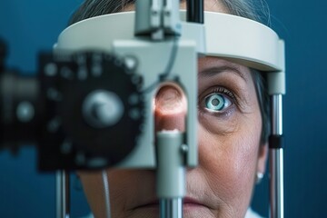 Sticker - adult patient getting an eye exam at the optician