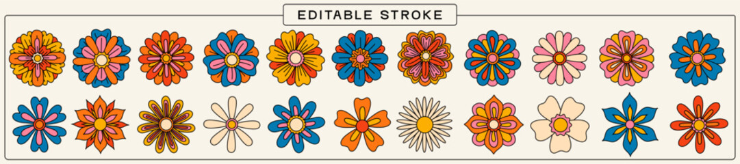 Poster - Set Of Groovy Flowers Icon Vector Design. Vintage Retro Funky Blossom Patches. Collection Of Daisy Trippy Stickers.