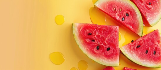 Wall Mural - Juicy watermelon slices displayed on a colorful backdrop with copy space image.