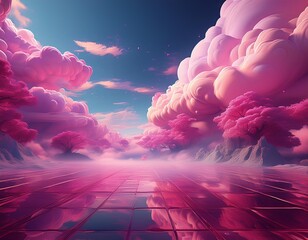 Pink magenta fantastic 3d clouds, sky and landscape