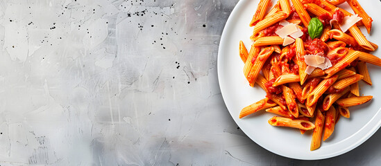 Canvas Print - Top view of penne pasta in red sauce on a white plate against a light grey slate or concrete background, providing a copy space image.