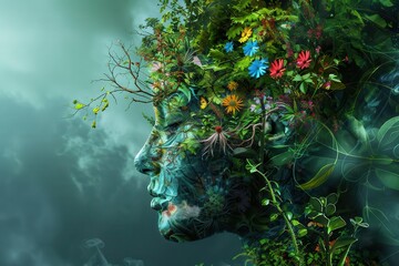 Wall Mural - artistic rendition of mother earth as a living entity blending human and natural elements surrounded