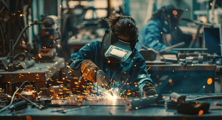 Industrial Welding Worker in Action with Protective Helmet and Gear Amongst Machinery and Sparks in a Manufacturing Workshop