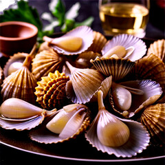 Poster - Steamed cockles open shells garnished with white wine sauce captured in dramatic lighting