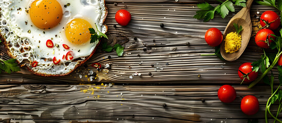 Wall Mural - Delicious fried eggs with veggies on a wooden table, top view with copy space image.