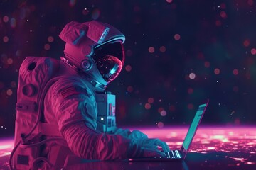 Wall Mural - astronaut working on futuristic holographic laptop while floating in deep space earth and stars visible in background