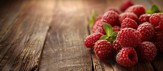 Ripe raspberries arranged on a rustic wooden surface creating an appealing setting for a copy space image.