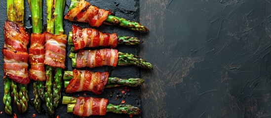 Sticker - Top view of delicious grilled asparagus wrapped in bacon, set against a food background with copy space image.