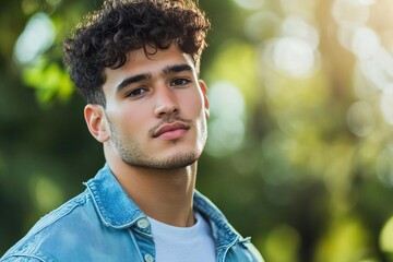 A young man stands confidently outdoors, showcasing a casual look with a denim jacket. The background features soft green hues.