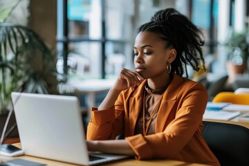 Poster - a young black business woman working on her laptop computer a young black business woman working on her laptop computer wearing orange copy space, stock photo