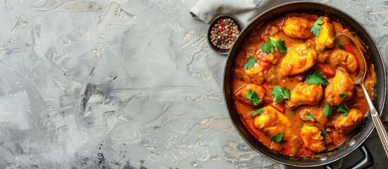 Top-down view of a tasty chicken curry dish in a frying pan with a spoon on a gray tabletop, providing ample space for text in the image.