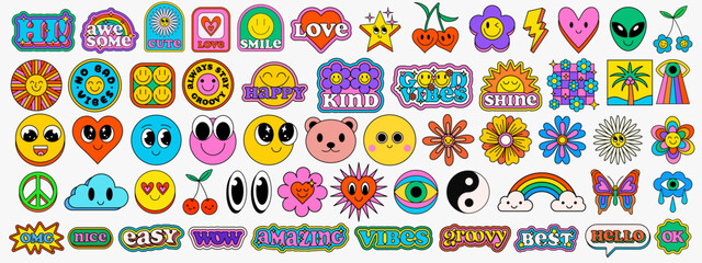 Aufkleber - set of cool y2k stickers vector design. collection of groovy patches. pop art illustration. cute com