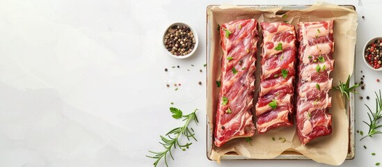 Wall Mural - Top-down view of raw pork spare ribs on a kitchen tray with herbs on a white background, featuring copy space image.