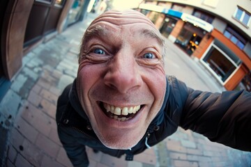 A close-up shot of a man with a broad smile and bright eyes, dressed in casual winter attire, enjoying his time outdoors on a bustling street with a building background.