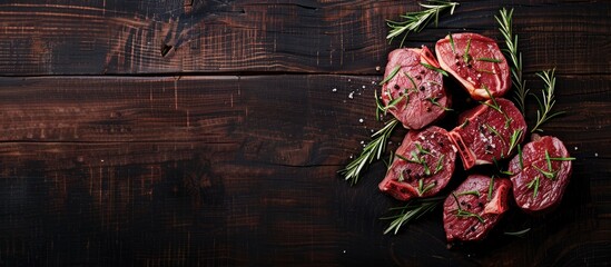 Wall Mural - Top view of prime black Angus beef steaks like Fillet Mignon, rib eye, Striploin, or New York, on a dark wooden background with copy space image.