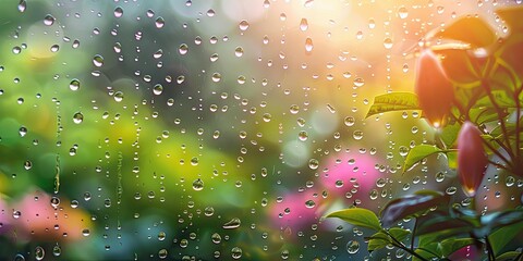 Sticker - Raindrops on glass, blurred foliage, sun.