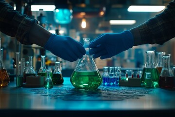 Wall Mural - Laboratory scientist analyzing blue substance in beaker, conducting pharmaceutical research, developing biotechnology for healthcare, science and chemistry concepts