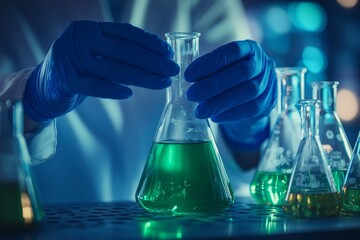 Poster - In a laboratory, a scientist analyzes a blue substance in a beaker. The scientist is conducting medical research for pharmaceutical discovery, developing biotechnology for healthcare, and introducing