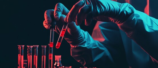 Wall Mural - An image of a scientist holding medical testing tubes or vials of pharmaceutical research with blood plasma cells and virus cures using DNA genome sequencing biotechnology as a wide banner hologram