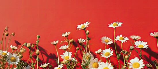 Poster - Vivid camomile flowers against a red backdrop with copy space image.