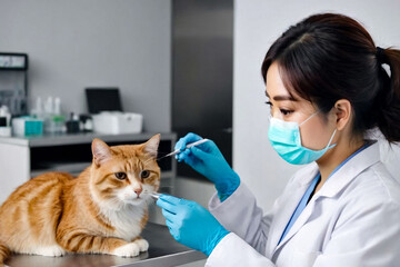 Veterinary clinic, asian veterinarian woman examine cat during appointment, indoors. Professional vet doctor lady check on domestic animal kitten. Pet hospital concept. Gen Ai. Copy ad text space