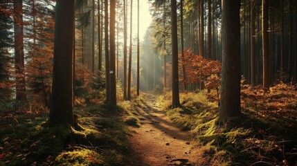 Canvas Print - Sunlit Path Through a Dense Autumn Forest