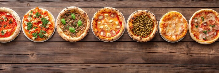 An array of pizzas featuring a wide range of toppings is displayed on a wooden surface, providing a feast for the eyes and a temptation for the taste buds.