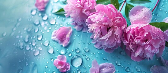 Wall Mural - Pink peonies on a blue backdrop with water drops, creating a tranquil copy space image.